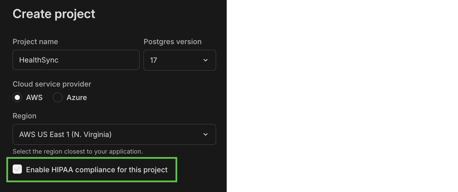 Enable HIPAA option during project creation